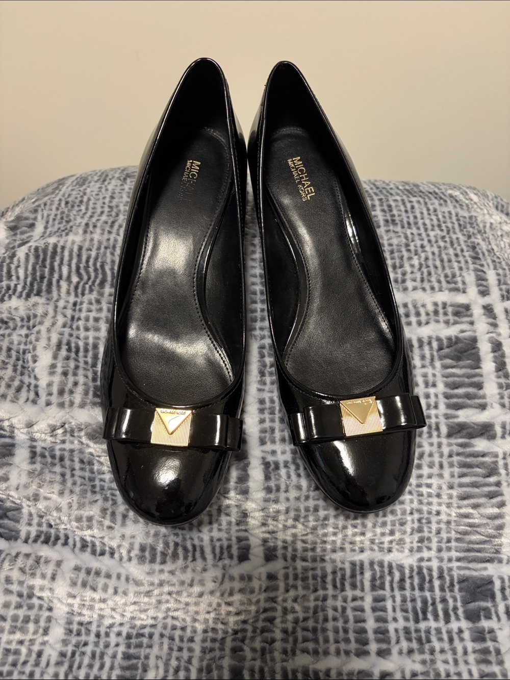 MICHAEL Michael Kors Black Patent Leather Bow Flats with Gold Accent